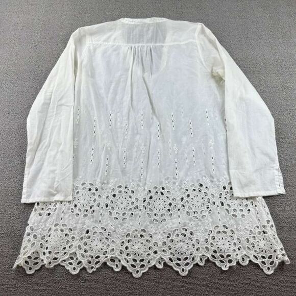 Johnny Was Tunic Top Women S White Sheer Eyelet Embroidery Scallop Hem V Neck - Picture 2 of 6